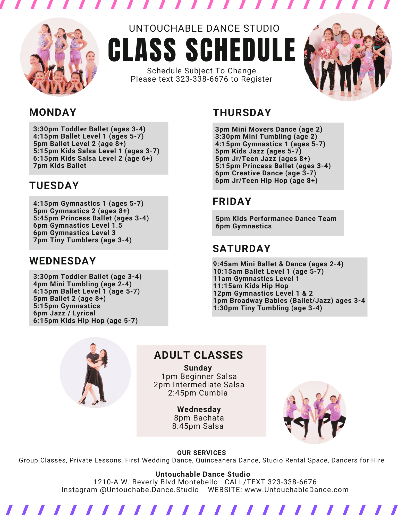 dance class schedule ballet hip hop gymnastics salsa montebello